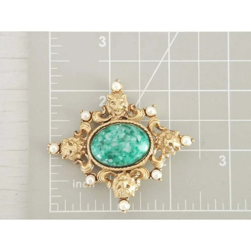Faux Jade and Pearl Gold-tone Brooch